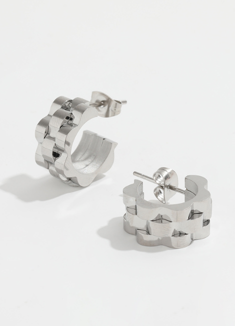 Bold silver plated chunky band earrings with a modern, statement hoop design.