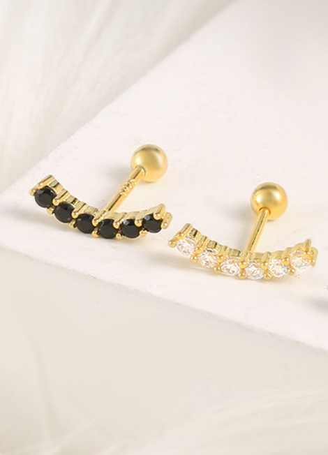 18K Gold Plated 925 Sterling Silver Single Thread Stud Earrings with Zirconia Black Stones