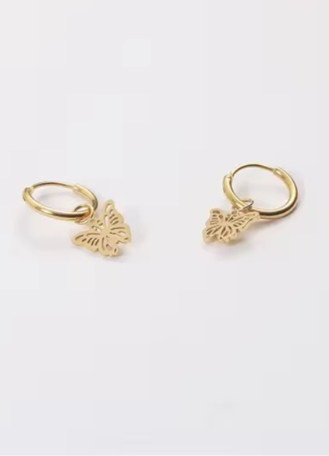 Graceful Betty Butterfly earrings in 18K gold-plated stainless steel. Lightweight, durable, and perfect for adding a whimsical touch to any look.