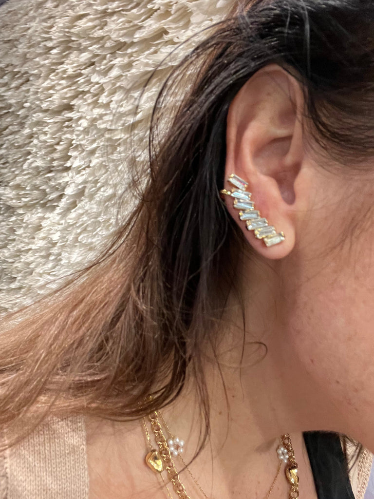 Bo Baguette Ear Climbers featuring sparkling zirconia stones in 18K gold-plated finish, elegant curved design by Oak & Ash.