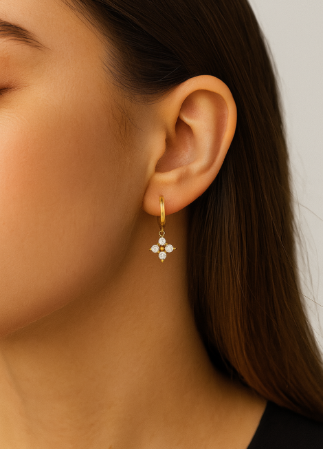 flower huggie earrings hk, zirconia huggies hong kong, 18k gold plated earrings hk, sterling silver floral hoops hk, dainty earrings for women hk, floral hoop earrings hk, everyday earrings hong kong, gift for her hk