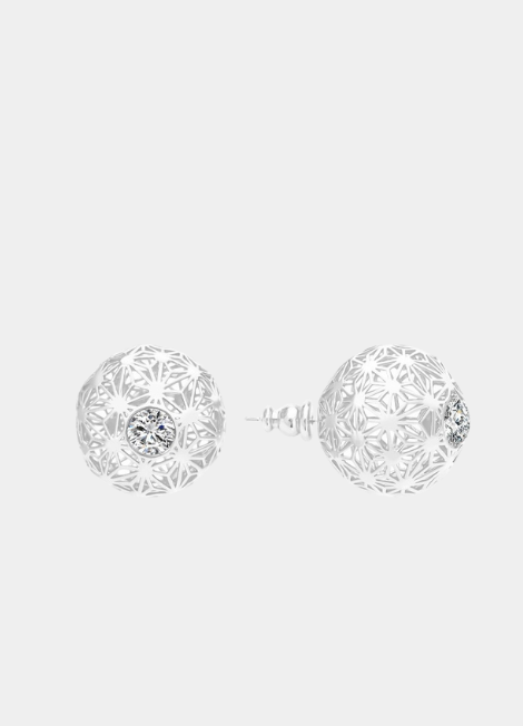 Modern Iris Hollow Orb earrings in silver plated finish, lightweight 3D design perfect for everyday elegance.