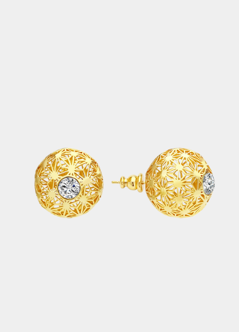 Elegant 3D-printed Iris Hollow Orb earrings in luxurious 18K gold plated finish, lightweight and eye-catching design.