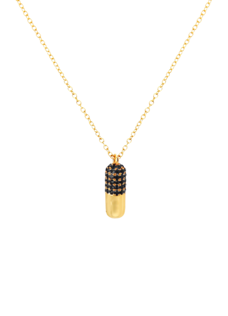 “Black capsule pendant necklace, gold plated chain”