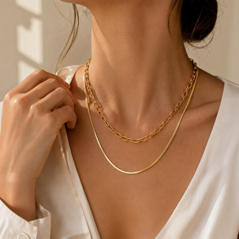 Necklace | Double Layer Figaro & Snake Chain | 18K Gold Plated
