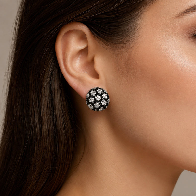 Earrings | African Flower | Round Glam | White Black | Cubic Zirconia