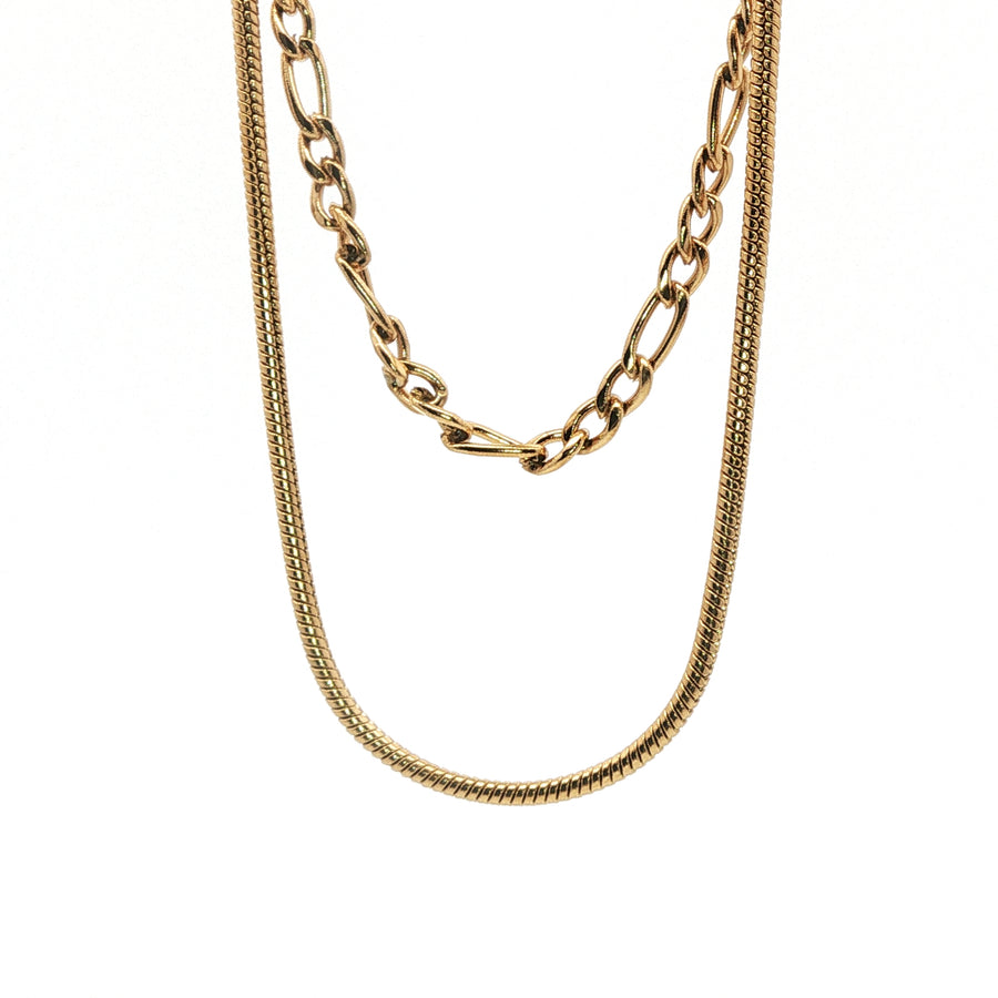 Necklace | Double Layer Figaro & Snake Chain | 18K Gold Plated